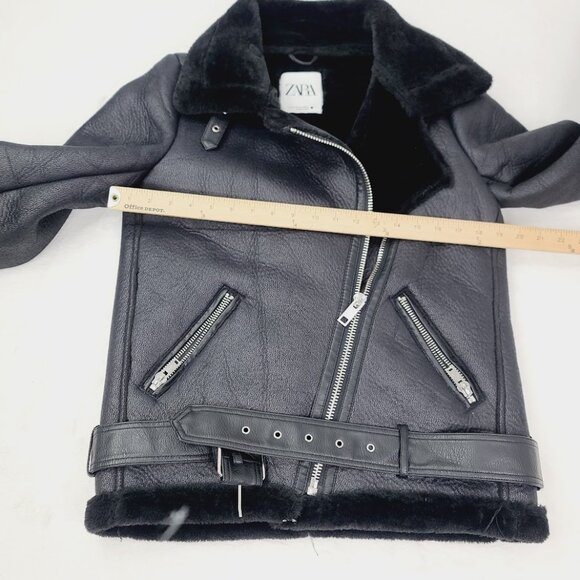 Zara Women's Black Aviator Faux Leather Shearling Double-Faced Biker Jacket XS - Picture 9 of 11